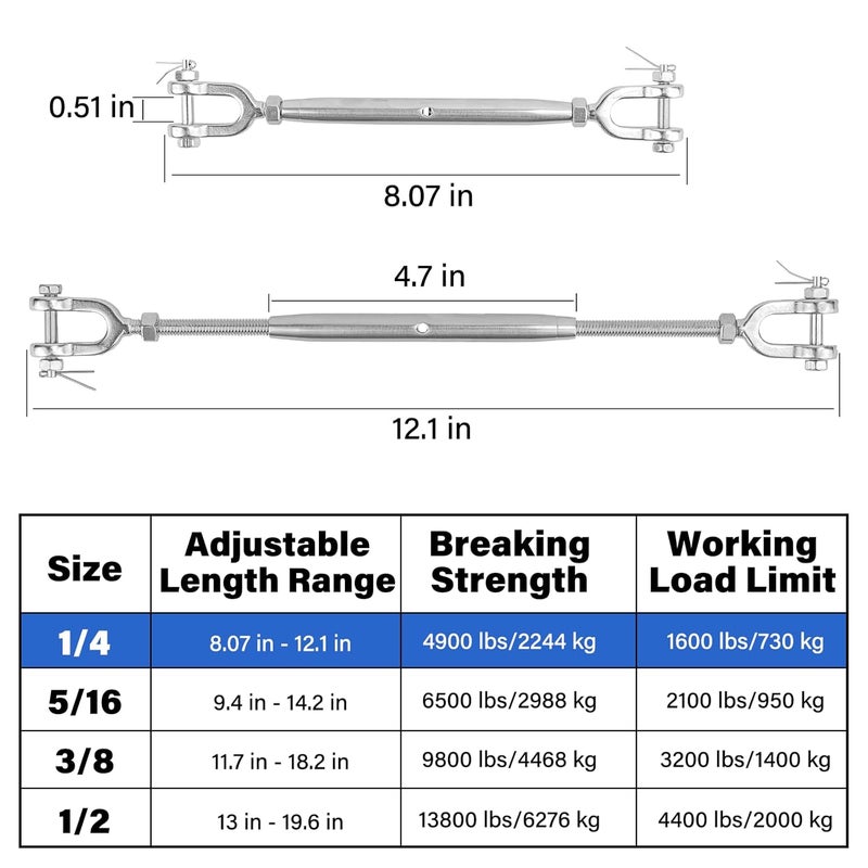 fshihine 4PCS Turnbuckle, 1/4" (M6) 304 Stainless Steel Turnbuckle, 1600lbs Working Load Limit, Closed Body Jaw and Jaw Turnbuckles for Cables Wire Tensioning, Shade Sail, Clothesline, String Lights - Image 4